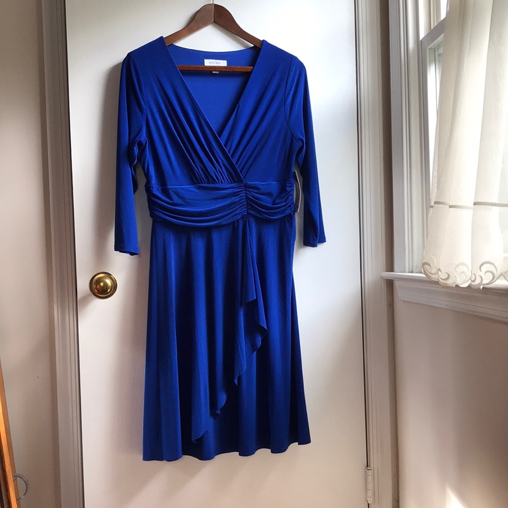 Nine West NWT Royal Blue Dress Faux Wrap 3/4 Length Sleeves Swing Dress sz 12